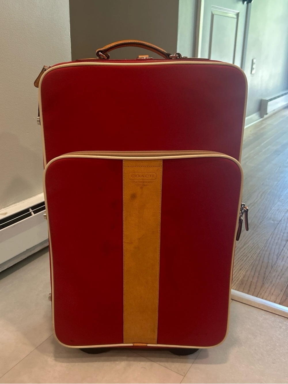 Vintage 2000s Coach Red Carry-On with Tan Center Stripe and Trim